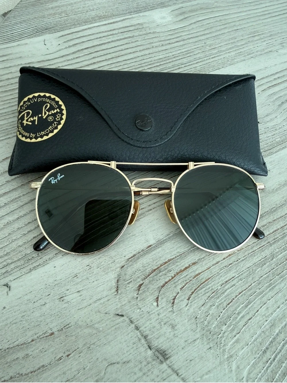 Ray-Ban Gold Frame Round Sunglasses with Green Lenses